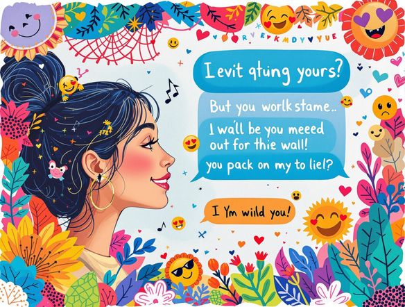 A vibrant and artistic frame surrounding a text screenshot generator output, displaying a lively conversation. The frame is adorned with playful emojis and custom text. Use a text message format generator to show off the conversation.