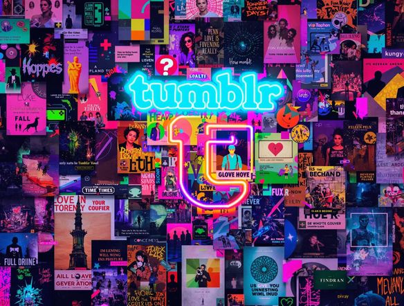 A vibrant collage of Tumblr posts showcasing diverse themes, with a neon Tumblr logo hovering above, digital art.