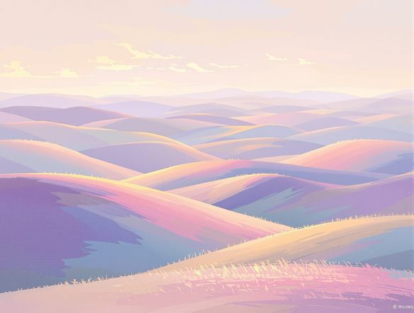 A serene landscape with rolling hills bathed in soft, diffused sunlight, rendered in a delicate pastel aesthetic creator style with a focus on soft pinks, blues, and lavenders.