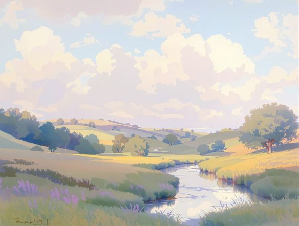 A serene landscape rendered in soft pastel colors, featuring rolling hills, a gentle stream, and a sky filled with dreamy clouds. The overall aesthetic is soft, ethereal, and inviting.