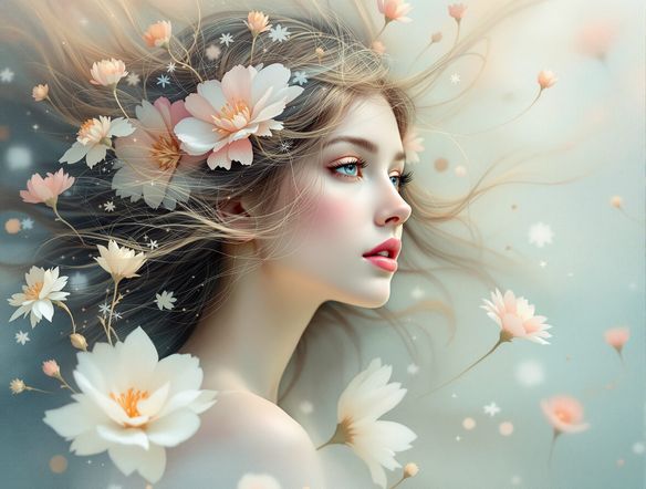 A whimsical portrait of a young woman with flowing hair, surrounded by ethereal floral elements, created with a dreamy pastel art maker style, featuring soft peach, mint green, and baby blue hues.