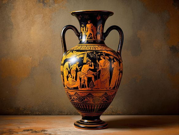 A vibrant red-figure pottery vase depicting a scene from Greek mythology, with intricate details and a Hellenistic aesthetic, set against a textured, ancient studio background. AI Hellenistic Greek art.