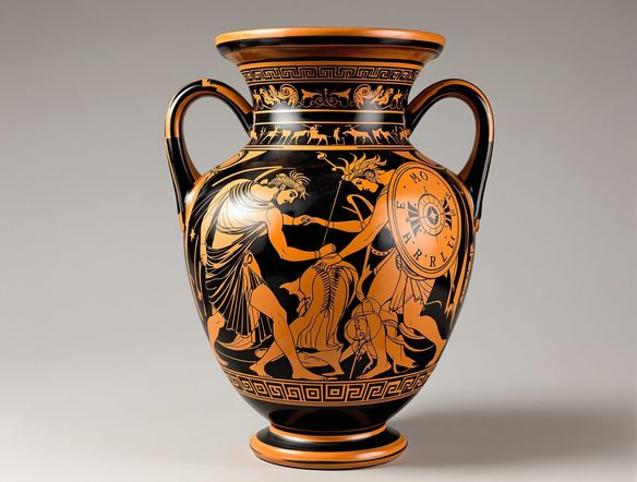 A striking Hellenistic style vase art depicting Achilles and Patroclus, intricate details, rich ochre and black pigments on a terracotta amphora, museum quality.