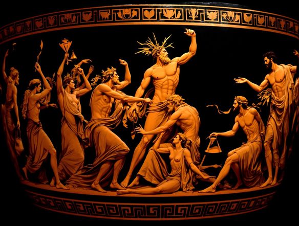 A dynamic red-figure pottery AI scene of Dionysus and his retinue, detailed figures on a classical kylix, inspired by ancient black-figure vase art, warm lighting.