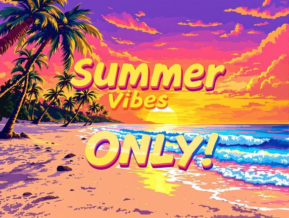Generate a vibrant, eye-catching Instagram post featuring a pixel art style illustration of a tropical beach at sunset. Include text overlay: 'Summer Vibes Only!' Use bright, saturated colors.