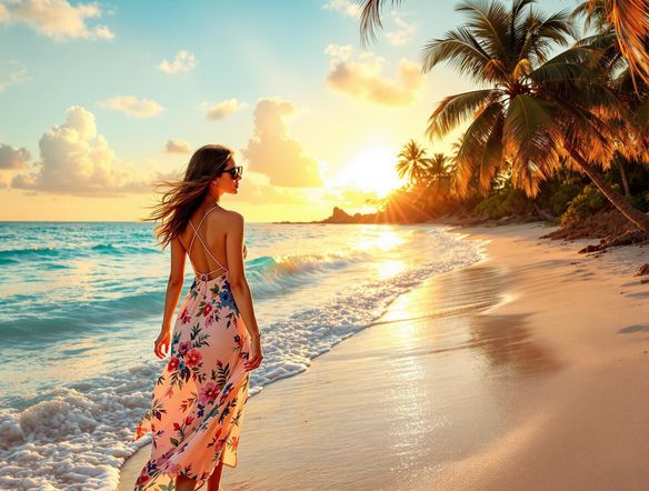 A vibrant Instagram post featuring a travel blogger enjoying a sunset on a tropical beach, showcasing clear skies and turquoise water, with a focus on the post's aesthetic appeal.