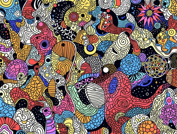 An abstract, intricate doodle pattern generated by AI, showcasing complex geometric shapes and organic lines, vibrant color palette, high detail.