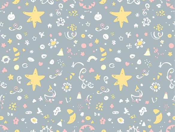 A seamless pattern featuring stylized, simple doodle art elements like stars, swirls, and dots, arranged in a balanced composition, pastel color scheme, vector art style.