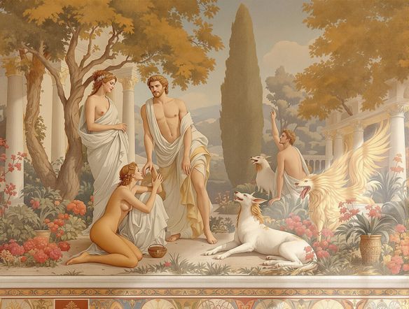 An illusionistic fresco art scene from a Roman villa, depicting a garden with mythical creatures, painted on a wall, trompe-l'œil effect, Roman wall painting AI style, hyperrealistic.