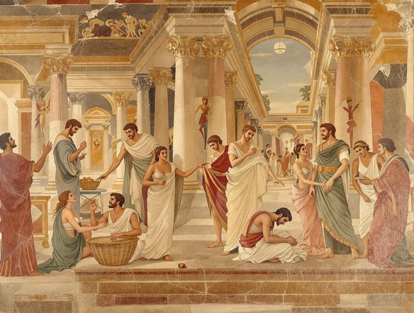 An ancient Roman fresco depicting a vibrant scene of daily life, with figures in togas and detailed architectural elements, rendered in a realistic, aged style with subtle cracks and pigment variations.