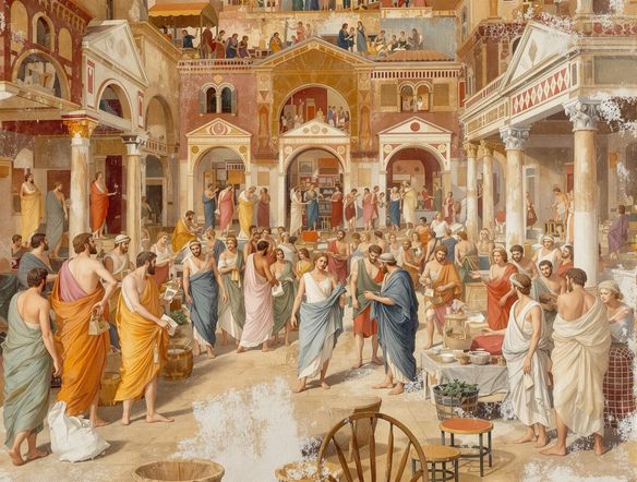 A detailed Roman fresco depicting a bustling marketplace, vibrant colors, figures in togas, architectural elements, painted on wet plaster, ancient Roman art generator style.