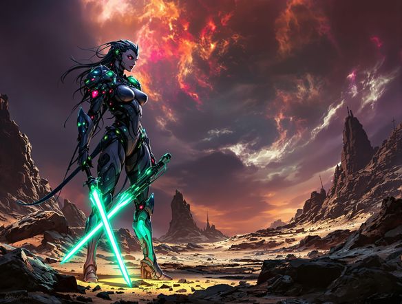 A fierce warrior princess in futuristic cybernetic armor, holding a glowing energy sword, standing on a desolate alien planet. Sci-fi fantasy concept art, dramatic lighting, intricate details.