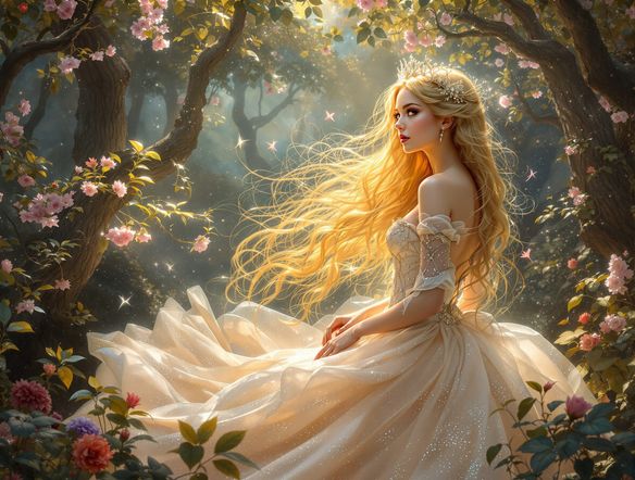 A beautiful, ethereal princess with flowing golden hair, wearing a shimmering gown, standing in a magical enchanted forest. Fairytale princess art maker style, soft lighting, highly detailed.