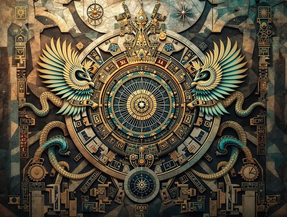 An intricate Aztec ritual art generator design showcasing a Maya ceremony art AI theme, featuring feathered serpents, celestial symbols, and detailed glyphs on a stone-like texture, evoking a sense of ancient spirituality.