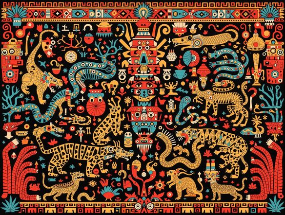 A visually striking piece of ancient ritual art AI, depicting a vibrant pre-Columbian ceremonial scene with intricate patterns and symbolic figures, rendered in a bold, stylized aesthetic.