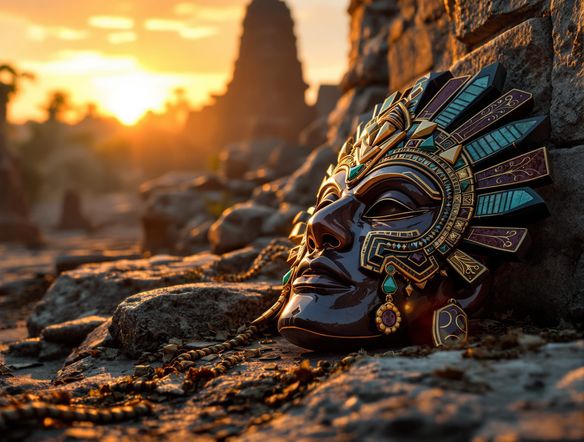 Intricate Mesoamerican ceremonial mask with jade, obsidian, and gold details, set against a backdrop of ancient temple ruins at sunrise, vibrant and detailed.