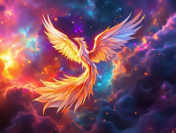 An ethereal origami phoenix, crafted from translucent, glowing paper, soaring through a nebula. The best AI origami designs showcase intricate detail and vibrant colors.
