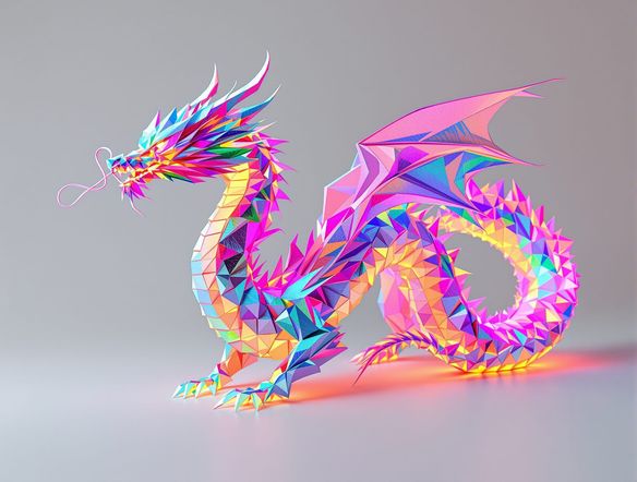 A vibrant, complex origami dragon meticulously folded from iridescent paper, glowing with internal light, set against a minimalist background. Digital origami art.
