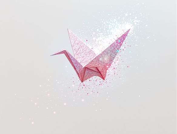Intricate origami crane dissolving into digital particles against a minimalist background, showcasing the fusion of traditional art and AI.