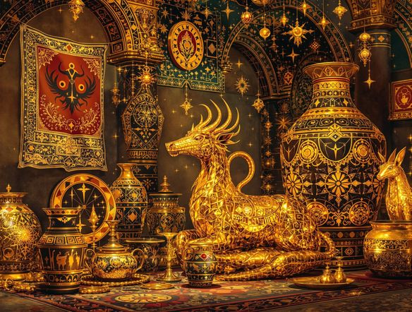 Intricate Thracian and Dacian motifs, gold artifacts, ancient pottery, stylized animals, geometric patterns, vibrant colors, historical context, digital art.