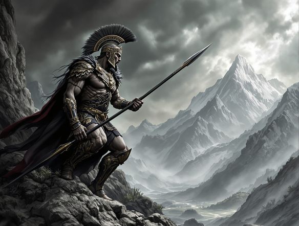 A powerful Thracian warrior clad in ornate armor, wielding a spear, set against a dramatic, ancient Balkan landscape. Style of ancient Thracian warrior art, detailed, epic.