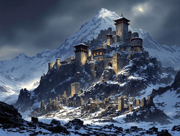 A majestic Dacian fortress illustration perched atop a rugged mountain, showcasing Geto-Dacian architectural style. Dramatic lighting, ancient ruins, concept art.