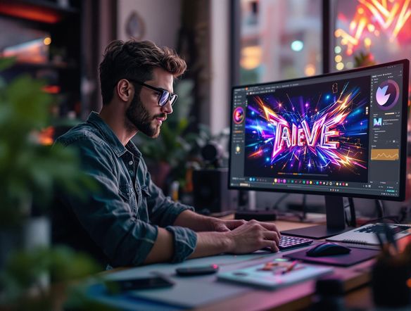 Photorealistic image of a digital artist using an AI-powered Photoshop interface to create dynamic, animated text effects, with vibrant colors and intricate details.