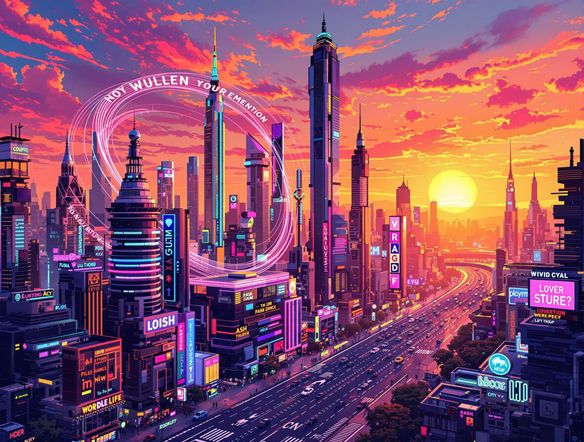 A vibrant photograph of a cityscape at sunset, with animated text swirling around the buildings, created using a text animation generator. The style should be modern and futuristic.