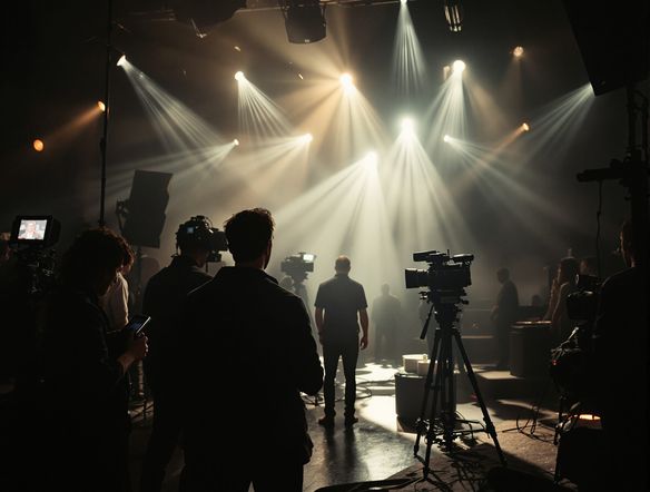 A film set with a director overseeing a scene, dramatic volumetric lighting, cinematic, high detail, professional movie lighting generator effect.