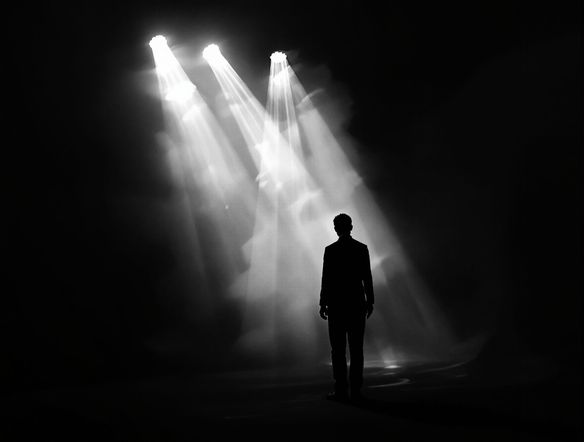 A dramatic, high-contrast scene with volumetric light beams piercing through smoke, illuminating a lone figure in a film noir setting.