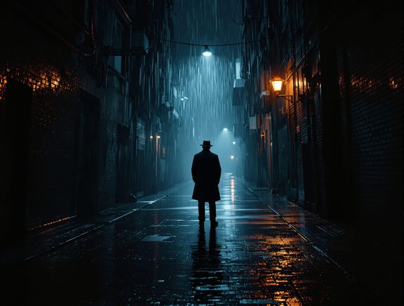 A lone detective in a dimly lit alley, rain falling, hard shadows, dramatic lighting AI, film noir lighting, cinematic, atmospheric, photorealistic.