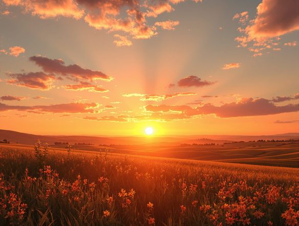 A serene landscape bathed in the warm, diffused light of a setting sun, creating a magical 'golden hour' effect. The sky is a gradient of orange, pink, and gold. Photorealistic, high detail.