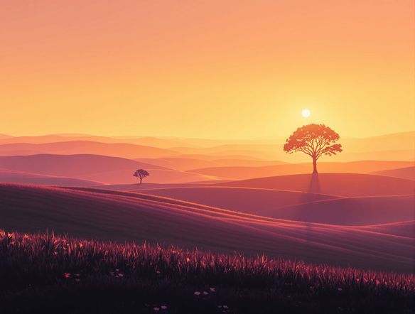 A serene landscape bathed in the warm, ethereal glow of golden hour, with soft light illuminating rolling hills and a distant, silhouetted tree.