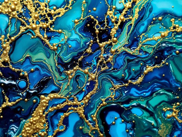 An abstract acrylic pour art piece with vibrant, swirling colors like deep blues, emerald greens, and metallic gold. Cells and lacing effects are prominent, creating a fluid, dynamic composition. High resolution, macro photography style.