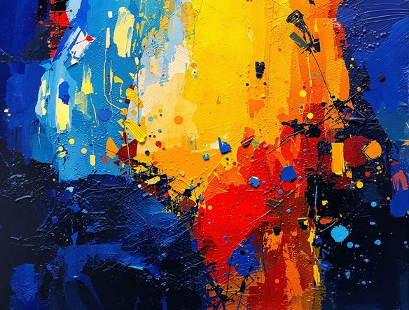 A vibrant abstract acrylic painting with bold brushstrokes and rich textures, showcasing a blend of blues, yellows, and reds, with a subtle digital glow.