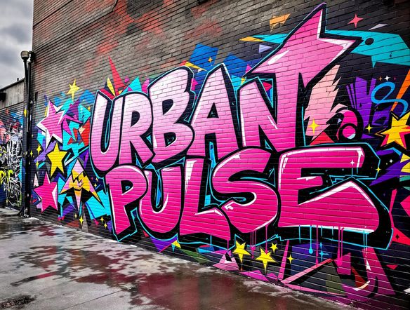 A vibrant, colorful graffiti mural covering a brick wall, featuring bold, stylized lettering and abstract urban elements. Graffiti art, street art, mural art generator.