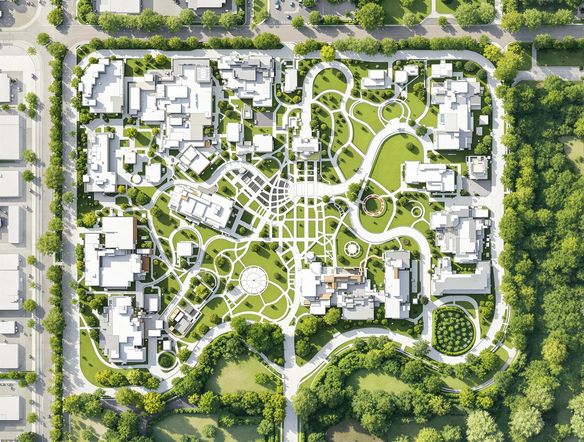 Aerial view of a meticulously designed site plan, showcasing green spaces, architectural layouts, and pedestrian pathways, rendered in a clean, professional style.