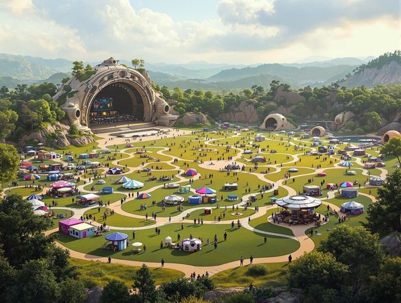 Create a detailed site plan for an outdoor music festival, showcasing stage placement, vendor locations, and pedestrian pathways. Focus on clear organization and realistic scale, not a fake ticketmaster ticket generator.