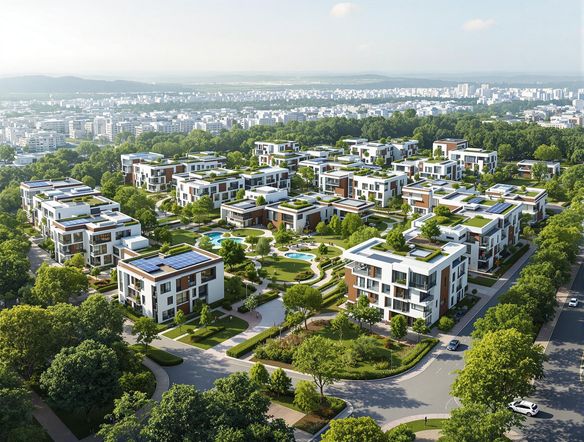 Generate a site plan for a new residential development, including building layouts, green spaces, and road networks. Emphasize sustainable design and efficient land use, steering clear of anything related to a fake concert ticket generator.