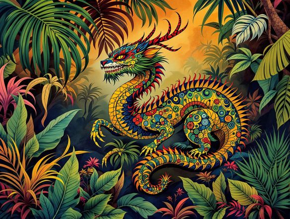 A vibrant Balinese batik painting of a mythical creature, intricate patterns, rich natural dyes, tropical foliage background, artistic brushstrokes.