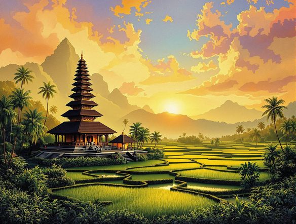 A serene Balinese landscape rendered in the style of an Indonesian batik art generator, featuring rice paddies and a temple, rich textures, earthy color palette, digital painting.