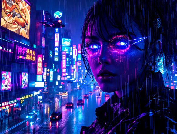 A striking cyberpunk portrait with vibrant neon lights reflecting in the subject's eyes, set against a futuristic cityscape.