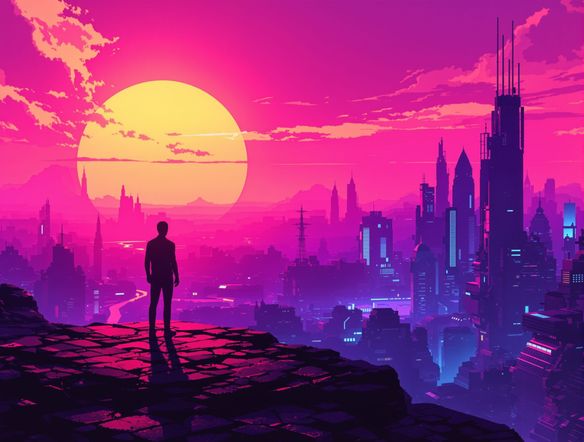 A striking cyberpunk style portrait of a lone figure silhouetted against a vibrant sunset over a futuristic city. Synthwave aesthetic, neon pinks and purples, retro 80s vibe, digital painting.