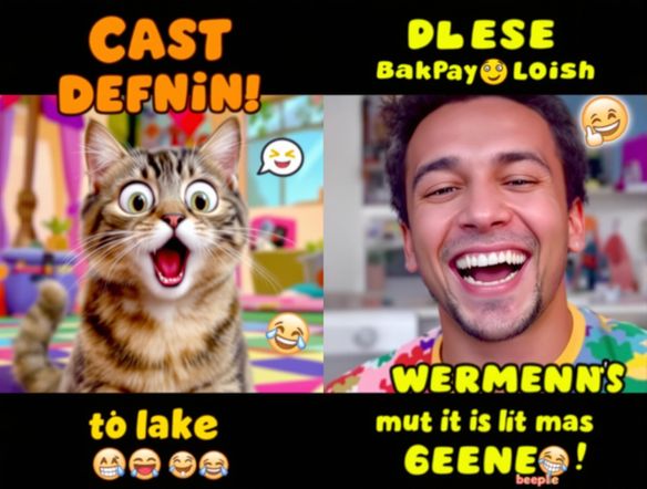 A split-screen video meme showcasing a surprised cat on the left and a laughing person on the right, overlaid with text and emojis.