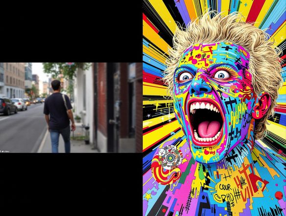 A split-screen showcasing a regular video on one side and a hilarious meme version on the other, highlighting the transformation using the PNG image generator. Feature absurd and unexpected image overlays, demonstrating the tool's creative potential and user-friendly interface.