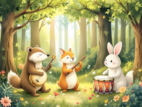 A whimsical forest scene with friendly, anthropomorphic animals playing musical instruments, vibrant colors, soft lighting, storybook illustration style.