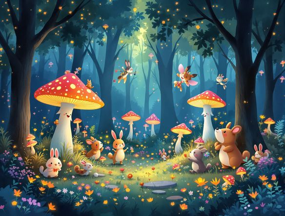 A whimsical forest scene with glowing mushrooms and friendly, anthropomorphic animals, rendered in a soft, painterly style. Use the playful art generator for vibrant colors and a cheerful atmosphere.