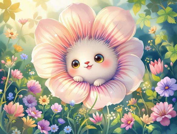A fluffy, curious creature with large, expressive eyes peeking from behind a giant, dew-kissed flower, set in an enchanted meadow. Embrace the storybook style art for a magical and inviting feel.