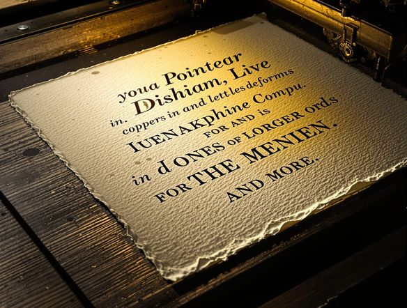 A vintage letterpress printing press in action, creating elegant serif text on textured paper, with subtle ink splatters and a warm, sepia-toned lighting.