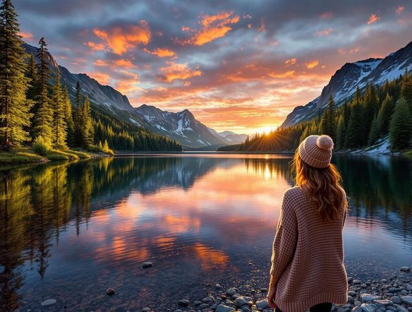 A crystal-clear photograph of a serene mountain lake at sunrise, reflecting the vibrant colors of the sky, enhanced with sharp details and clarity.